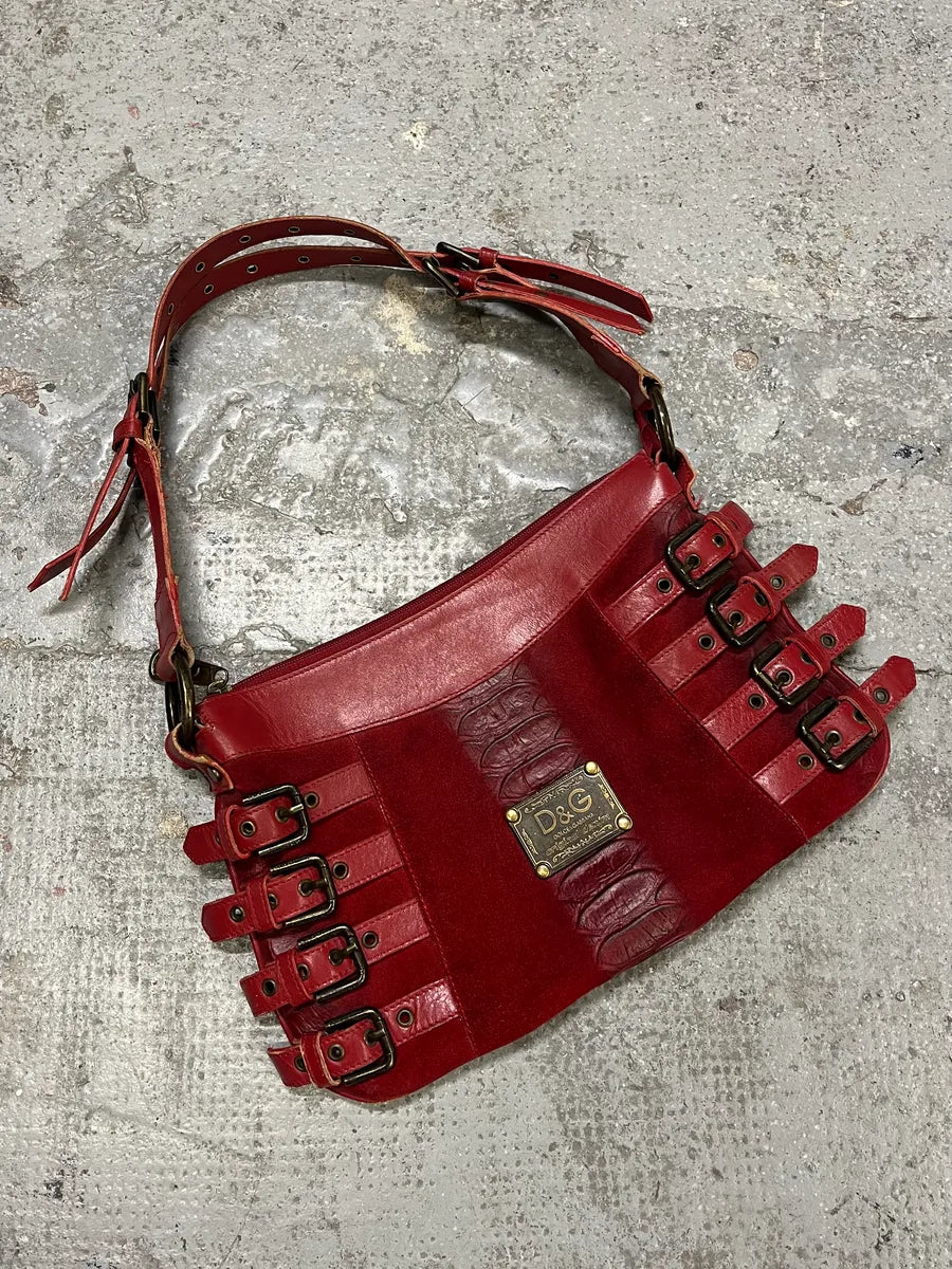 FW2005 Dolce & Gabbana Red Buckles Suede Leather Handle Bag (OS) rjYfMnY 1