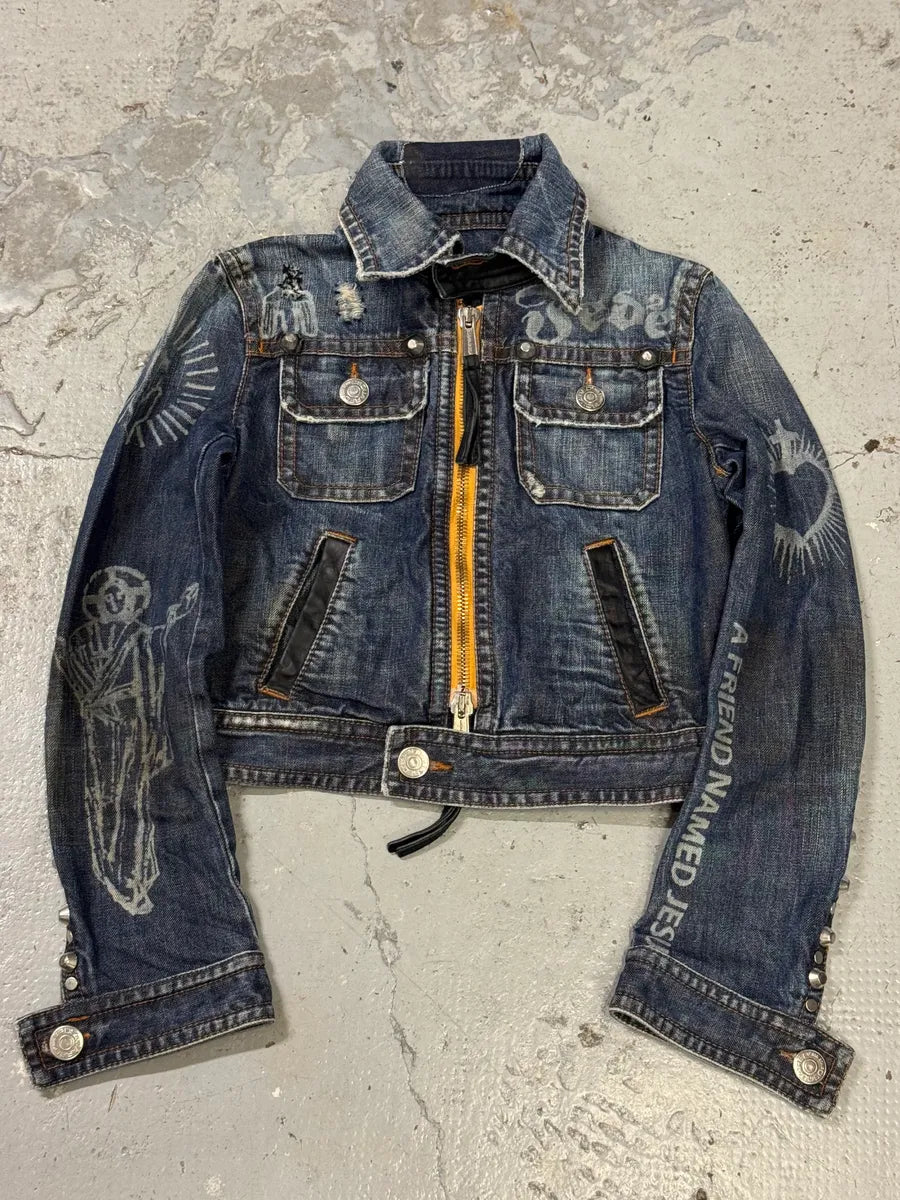 FW2005 Dsquared2 Jesus Lord Peace Cropped Denim Jacket nCFMGgX 0