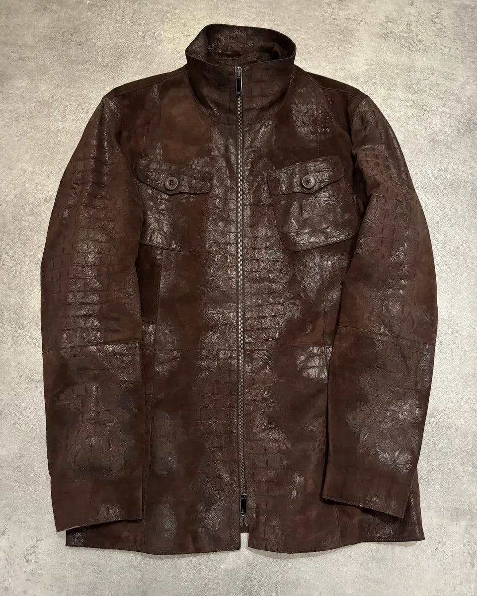 FW2005 Emporio Armani Brown Crocodile Effect Textured Leather Jacket SjZcvOe 0