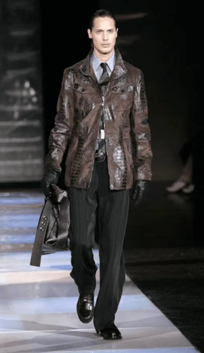 FW2005 Emporio Armani Brown Crocodile Effect Textured Leather Jacket SjZcvOe 1
