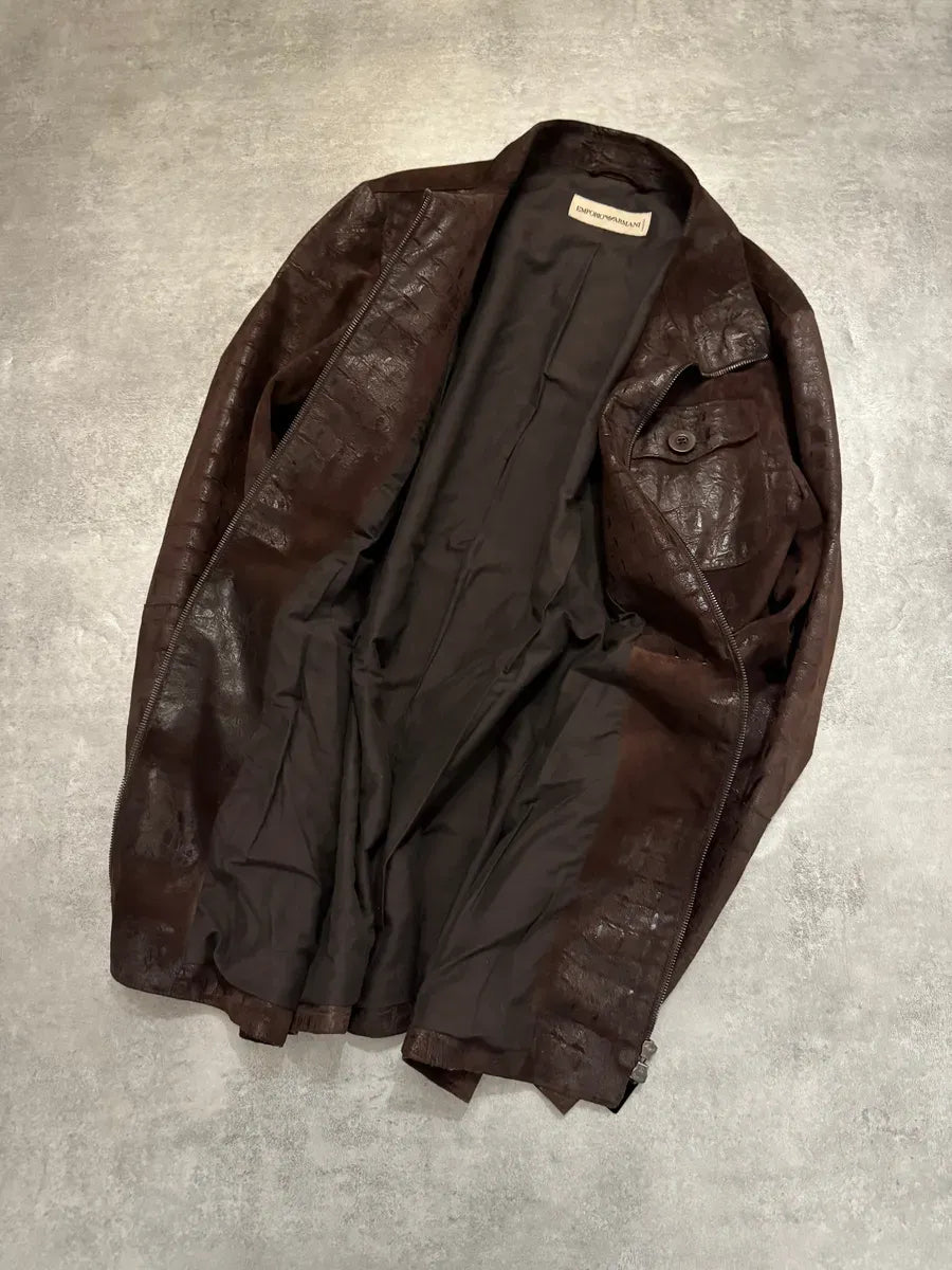 FW2005 Emporio Armani Brown Crocodile Effect Textured Leather Jacket SjZcvOe 4