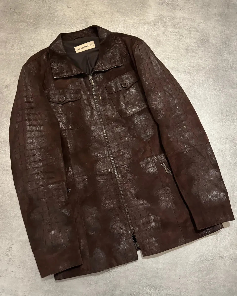 FW2005 Emporio Armani Brown Crocodile Effect Textured Leather Jacket SjZcvOe 8