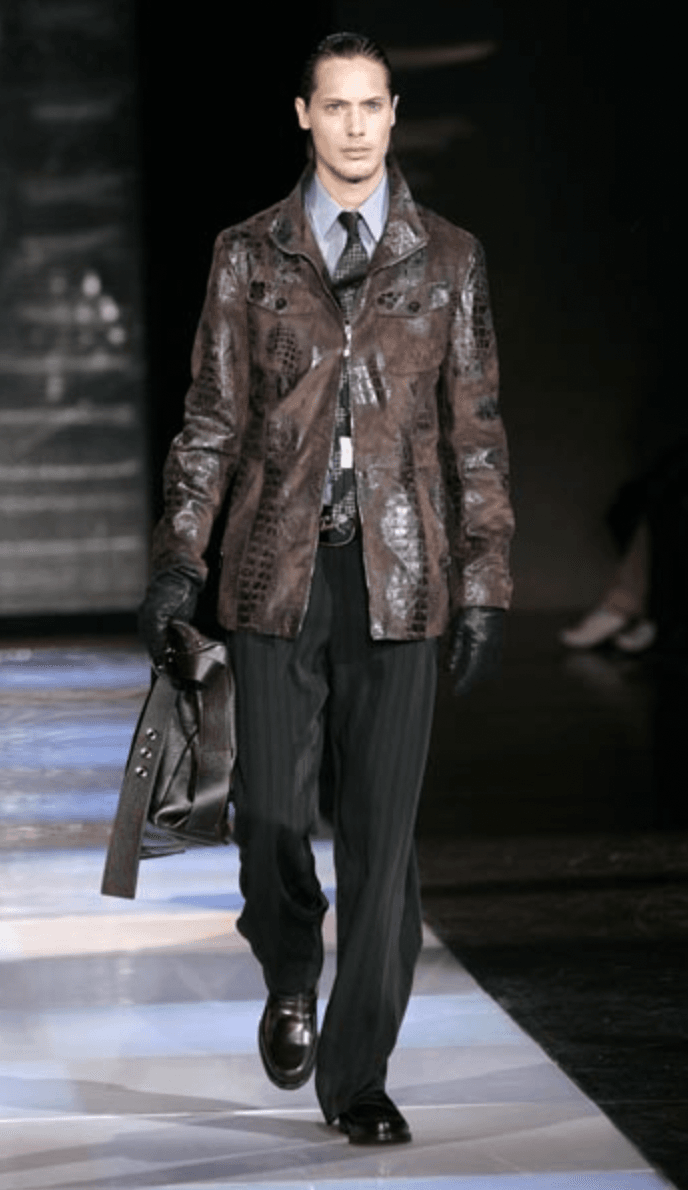 FW2005 Emporio Armani Brown Crocodile Effect Textured Leather Jacket SjZcvOe 1