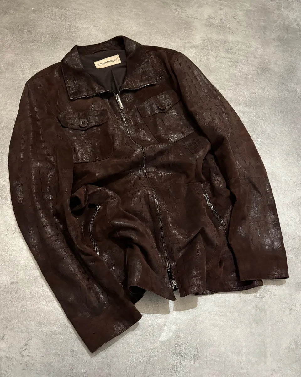 FW2005 Emporio Armani Brown Crocodile Effect Textured Leather Jacket SjZcvOe 3