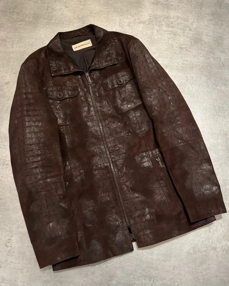 FW2005 Emporio Armani Brown Crocodile Effect Textured Leather Jacket SjZcvOe 8
