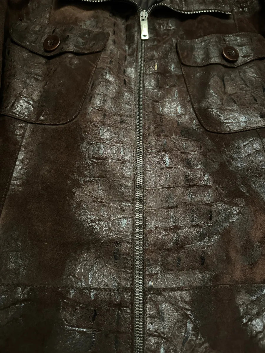 FW2005 Emporio Armani Brown Crocodile Effect Textured Leather Jacket SjZcvOe 9