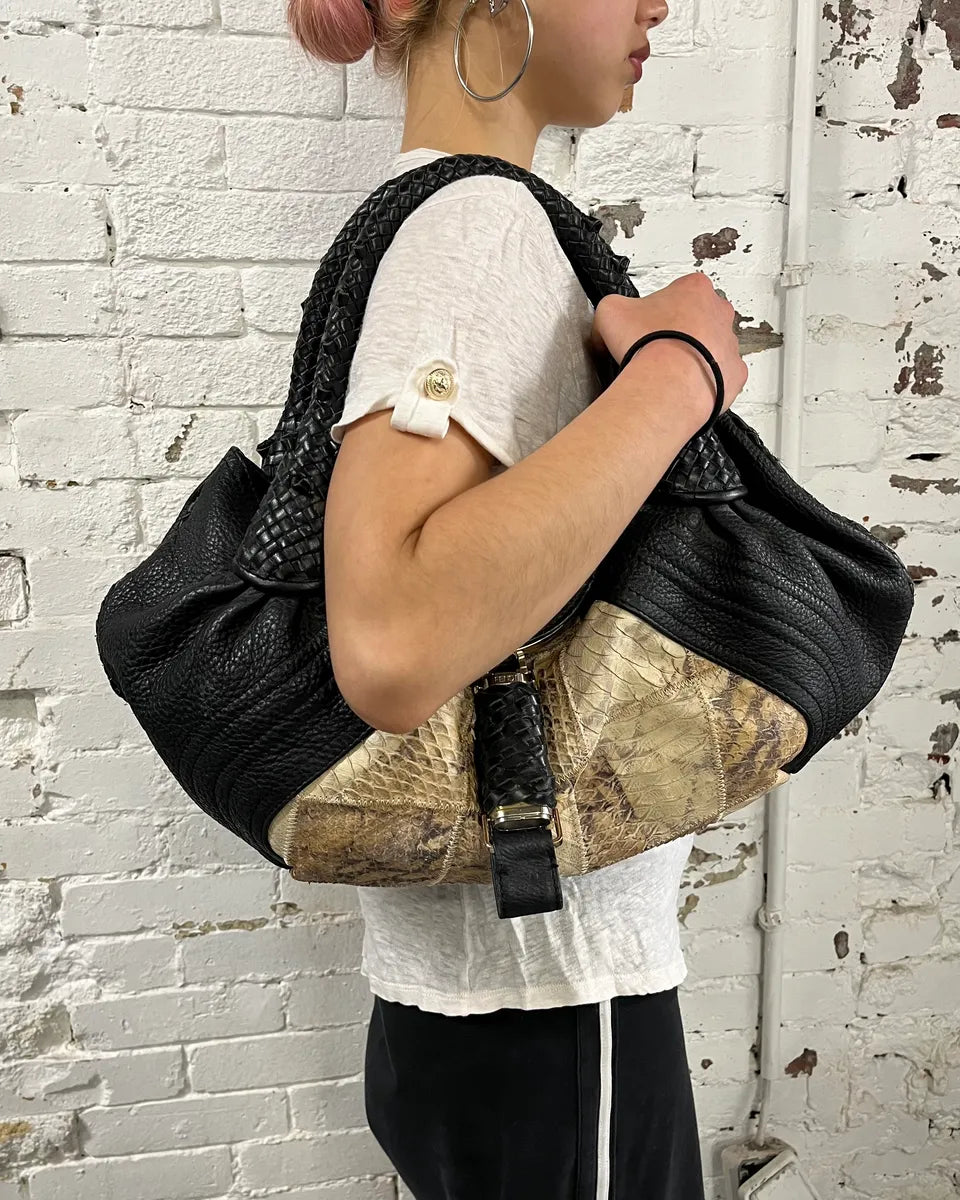 FW2005 Fendi Black & Beige Python Leather Spy Handle Bag SKdWOda 1