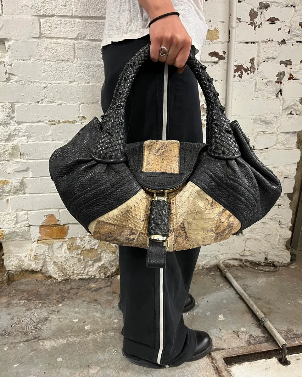 FW2005 Fendi Black & Beige Python Leather Spy Handle Bag SKdWOda 2