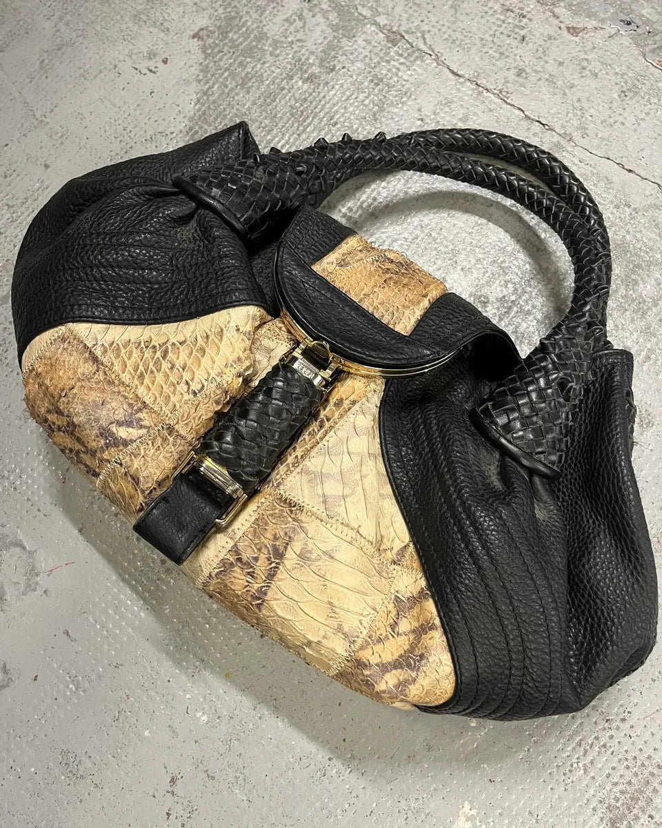 FW2005 Fendi Black & Beige Python Leather Spy Handle Bag SKdWOda 3