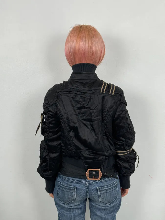 AW2005 Cavalli Black Silk Multi-Pocket Cargo Gun Bomber Jacket KElgwUL 2
