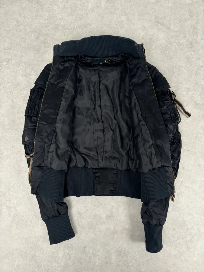 AW2005 Cavalli Black Silk Multi-Pocket Cargo Gun Bomber Jacket KElgwUL 6