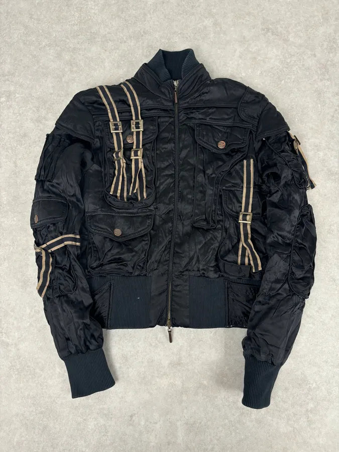 AW2005 Cavalli Black Silk Multi-Pocket Cargo Gun Bomber Jacket KElgwUL 0