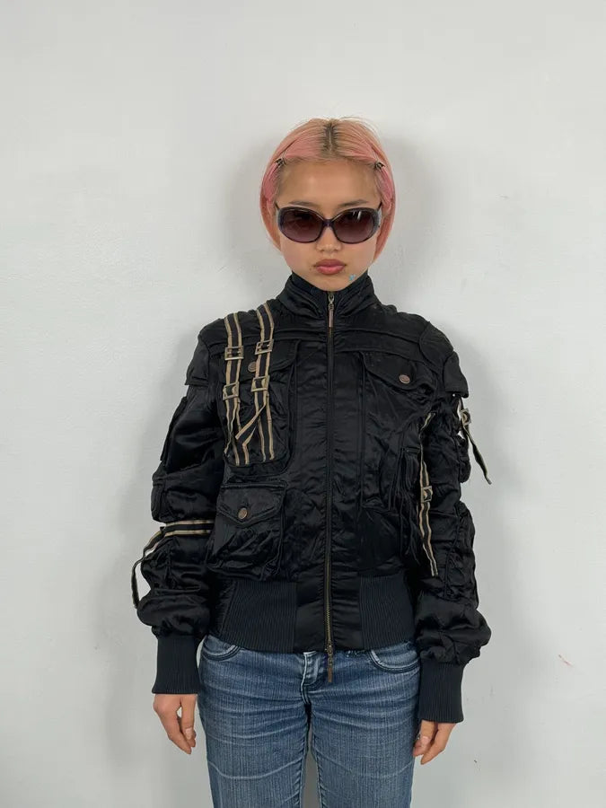 AW2005 Cavalli Black Silk Multi-Pocket Cargo Gun Bomber Jacket KElgwUL 1