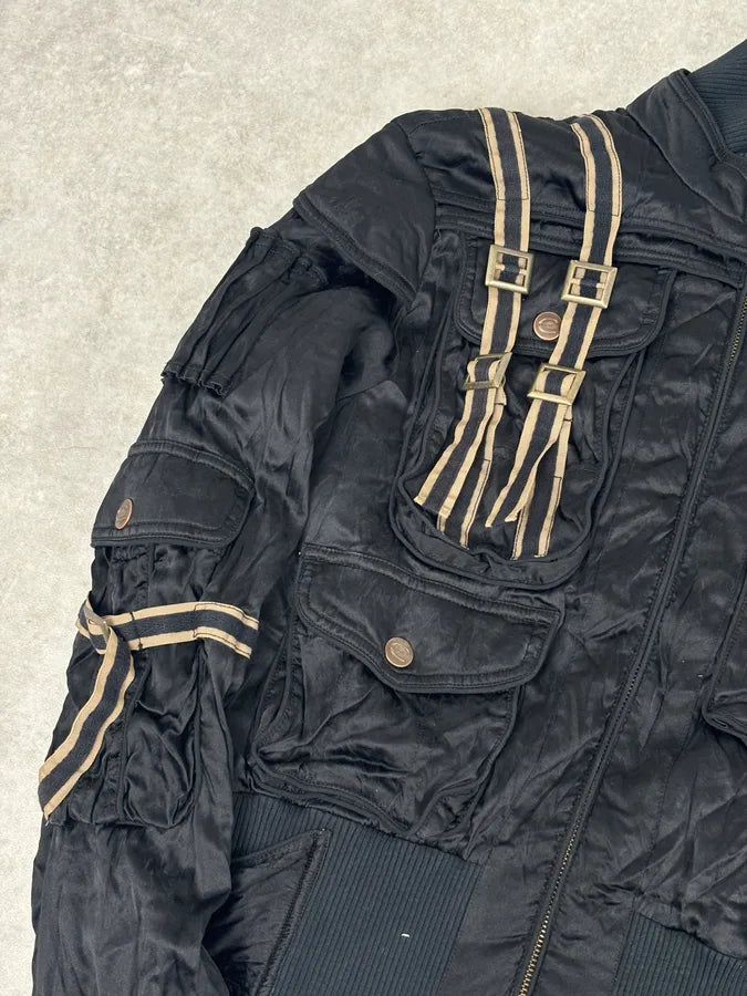 AW2005 Cavalli Black Silk Multi-Pocket Cargo Gun Bomber Jacket KElgwUL 7