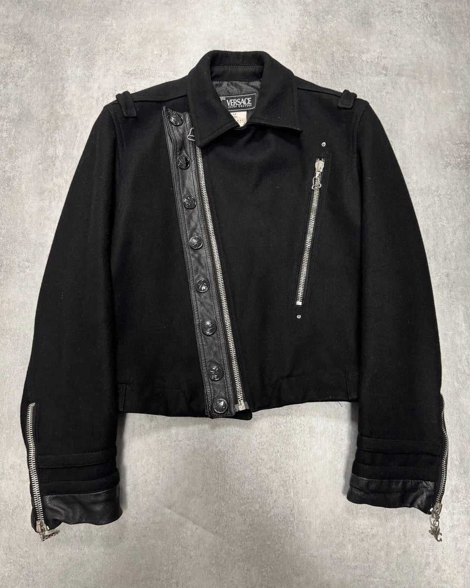 FW2005 Versace Asymmetrical Black Zipped Wool Jacket XRwxcIa 0