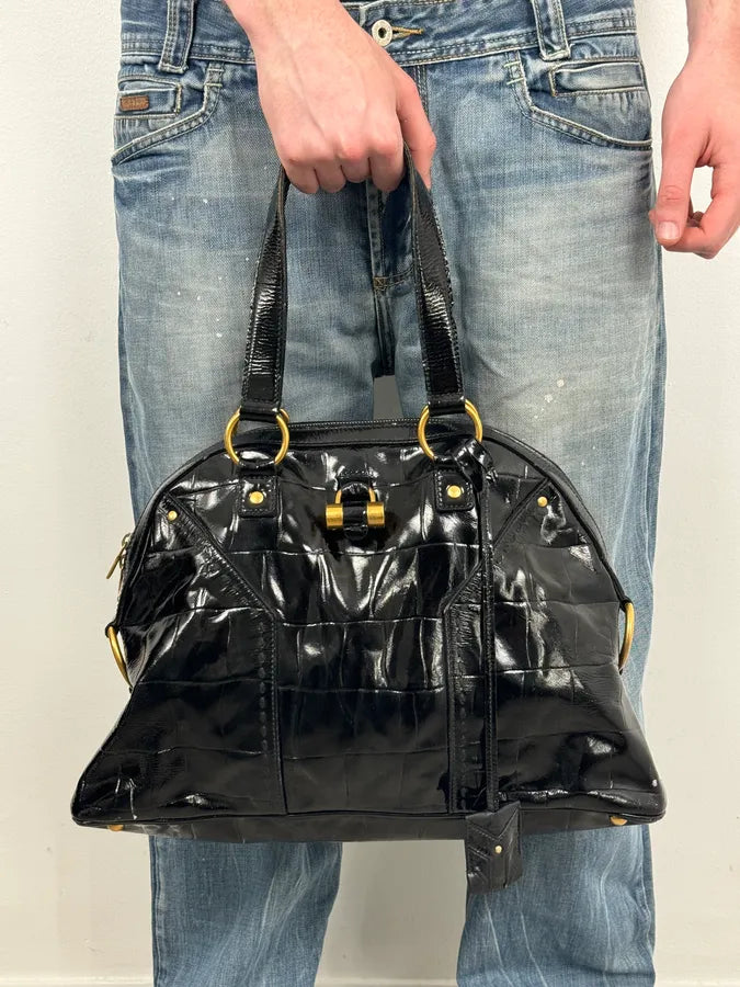 AW2005 Yves Saint Laurent Black Muse Patent Leather Crocodile Effect Bag HTdGqGZ 0