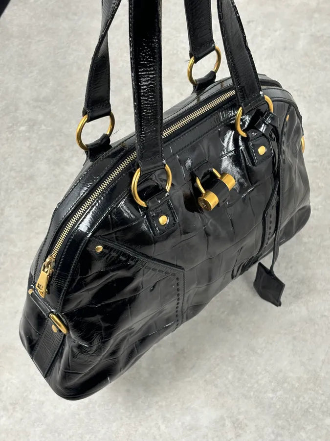 AW2005 Yves Saint Laurent Black Muse Patent Leather Crocodile Effect Bag HTdGqGZ 9