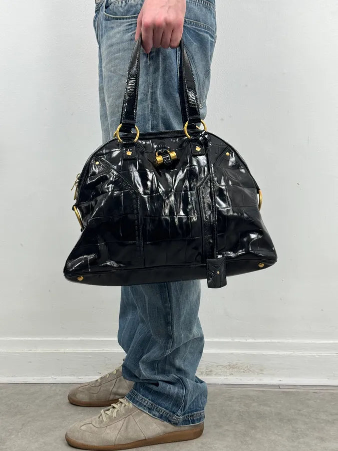AW2005 Yves Saint Laurent Black Muse Patent Leather Crocodile Effect Bag HTdGqGZ 2