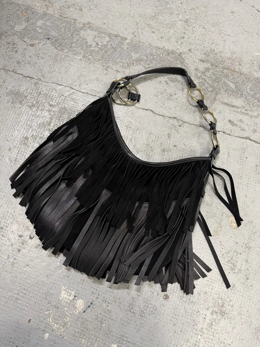 FW2005 Yves Saint Laurent Black Suede Leather Fringe Shoulder Bag rzPURCH 1