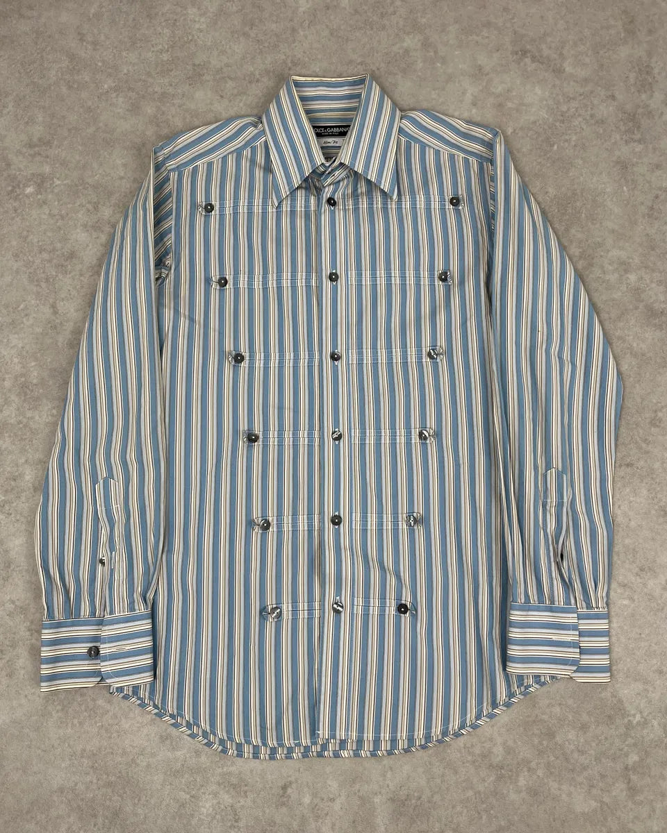 FW2006 Dolce & Gabbana Blue Striped Officer Napoleon Shirt AIzVnBW 0