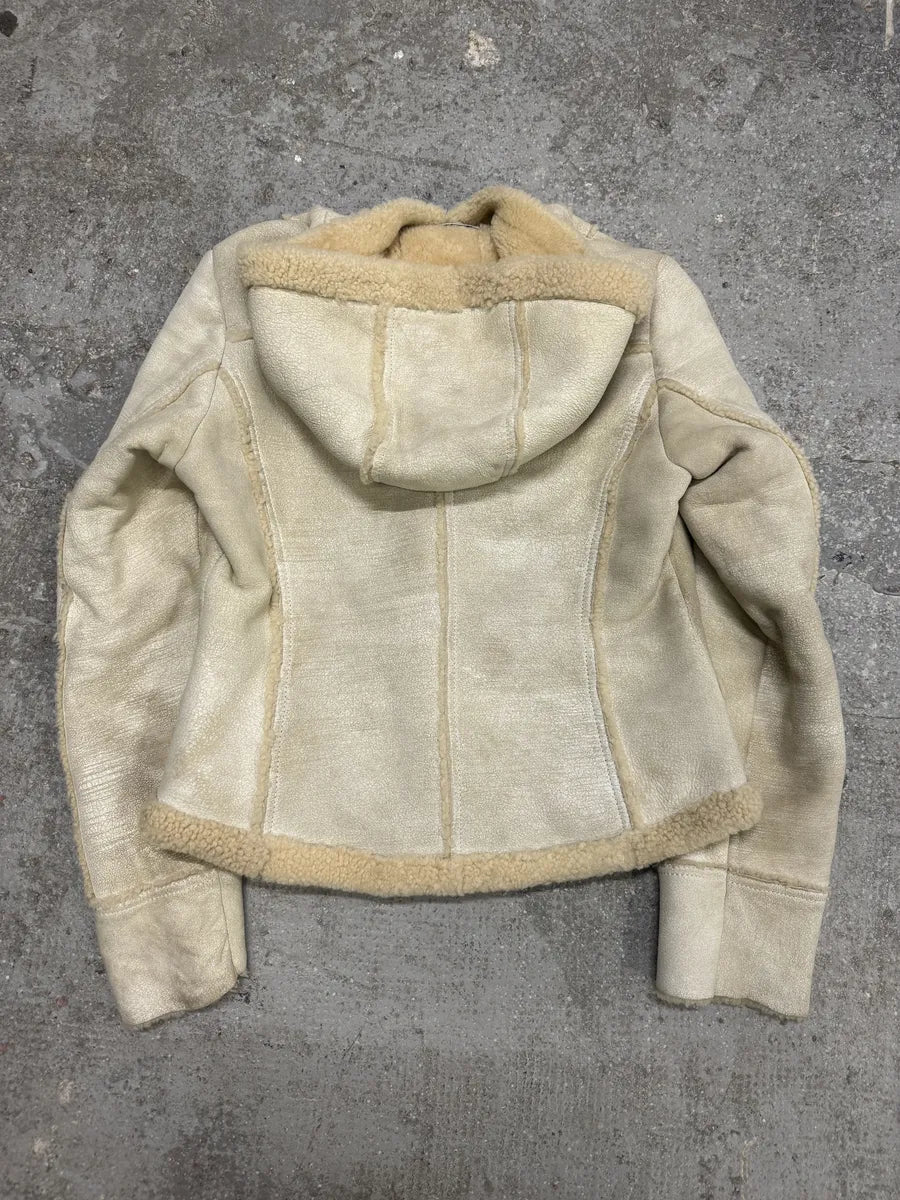 FW2006 Prada Beige Shearling Creamy Cracked Leather Jacket JmSgkiG 1