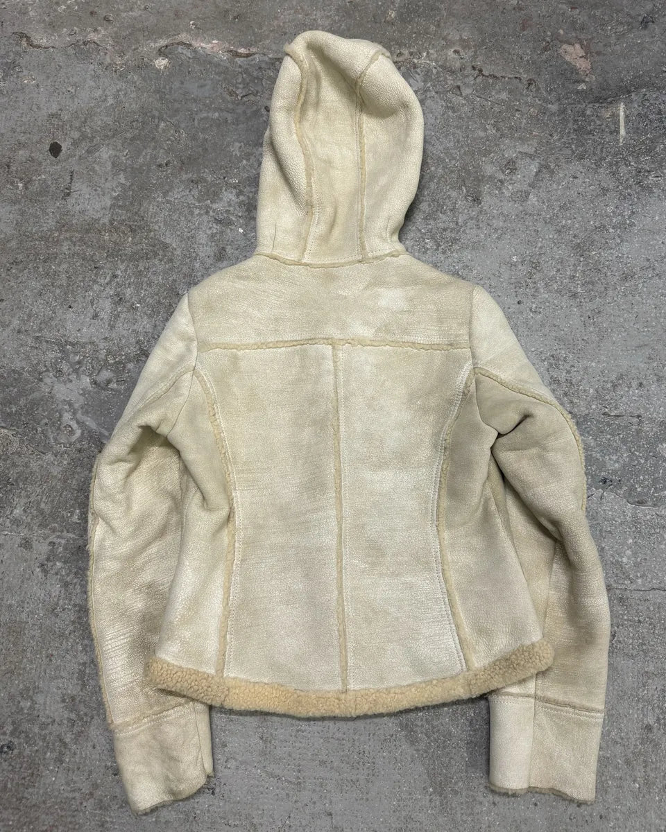 FW2006 Prada Beige Shearling Creamy Cracked Leather Jacket JmSgkiG 2
