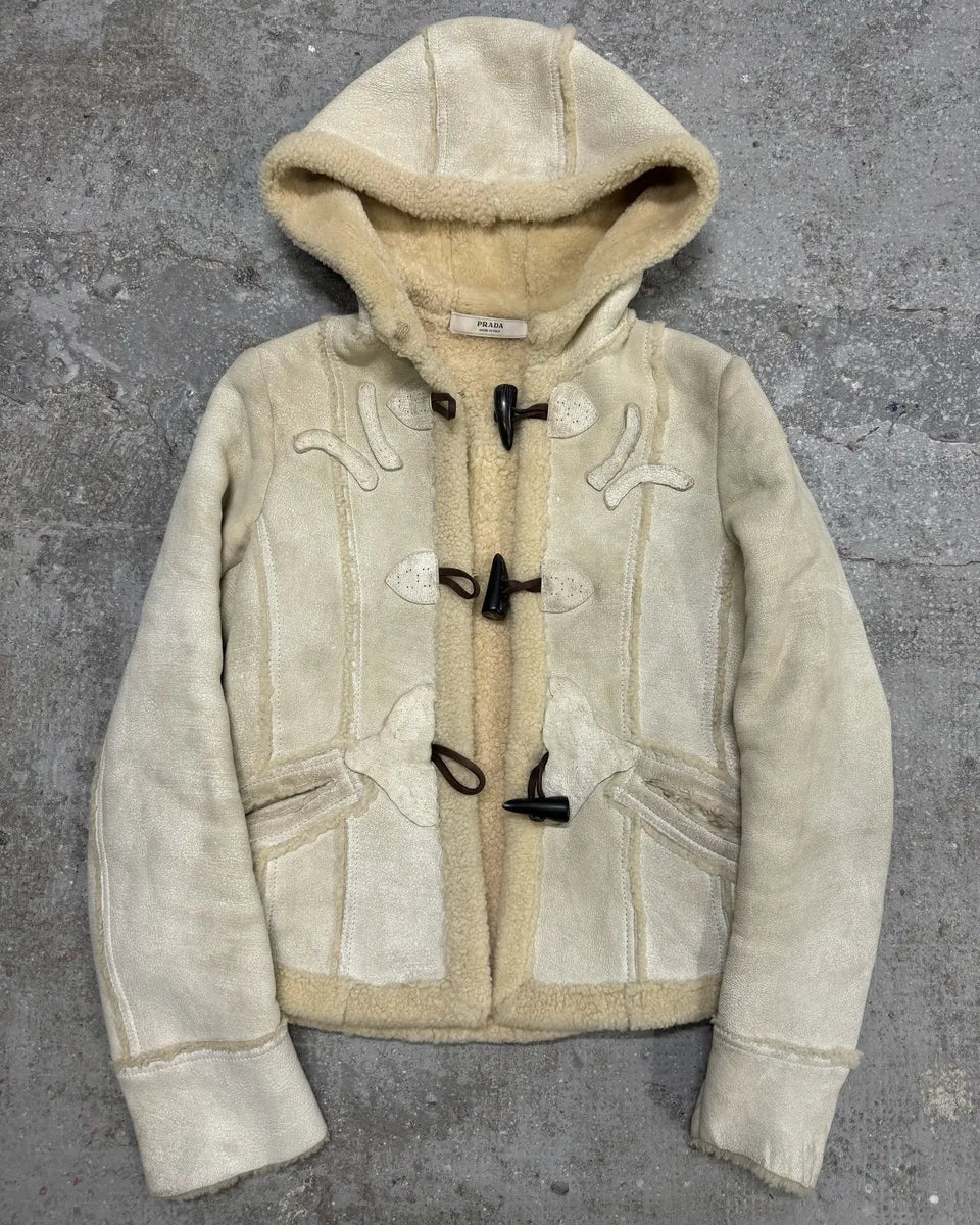 FW2006 Prada Beige Shearling Creamy Cracked Leather Jacket JmSgkiG 3
