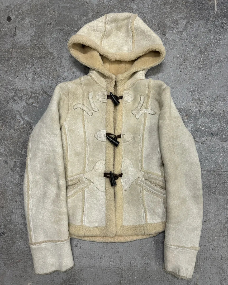 FW2006 Prada Beige Shearling Creamy Cracked Leather Jacket JmSgkiG 0