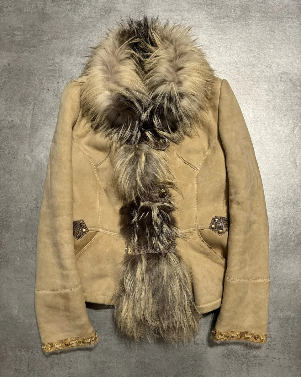 FW2006 Roberto Cavalli Beige Fur & Silk Leather Creamy Royal Jacket (S) 0
