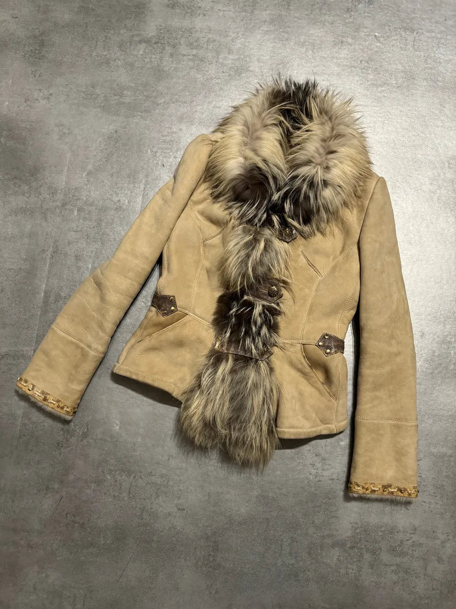 FW2006 Roberto Cavalli Beige Fur & Silk Leather Creamy Royal Jacket (S) 1