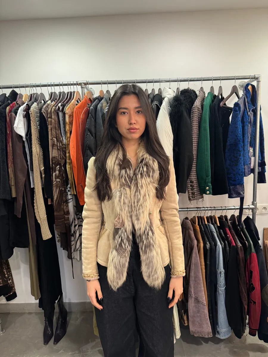 FW2006 Roberto Cavalli Beige Fur & Silk Leather Creamy Royal Jacket (S) 2