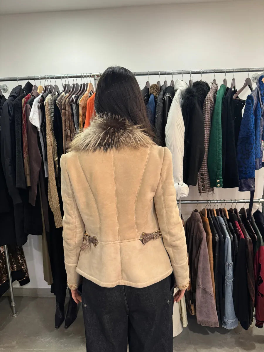 FW2006 Roberto Cavalli Beige Fur & Silk Leather Creamy Royal Jacket (S) 3