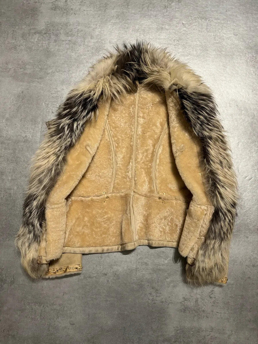 FW2006 Roberto Cavalli Beige Fur & Silk Leather Creamy Royal Jacket (S) 5