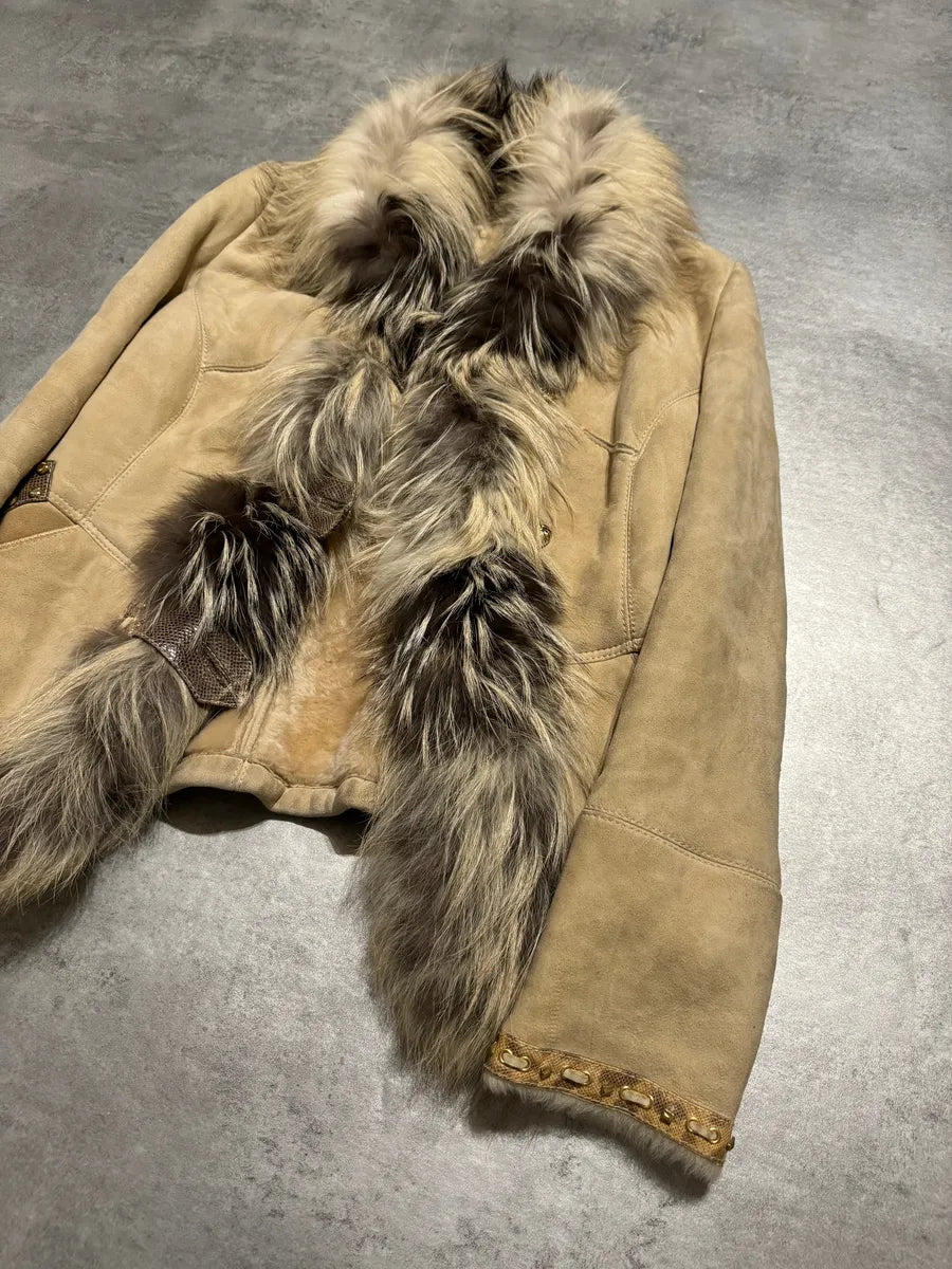 FW2006 Roberto Cavalli Beige Fur & Silk Leather Creamy Royal Jacket BLOrGGU 7