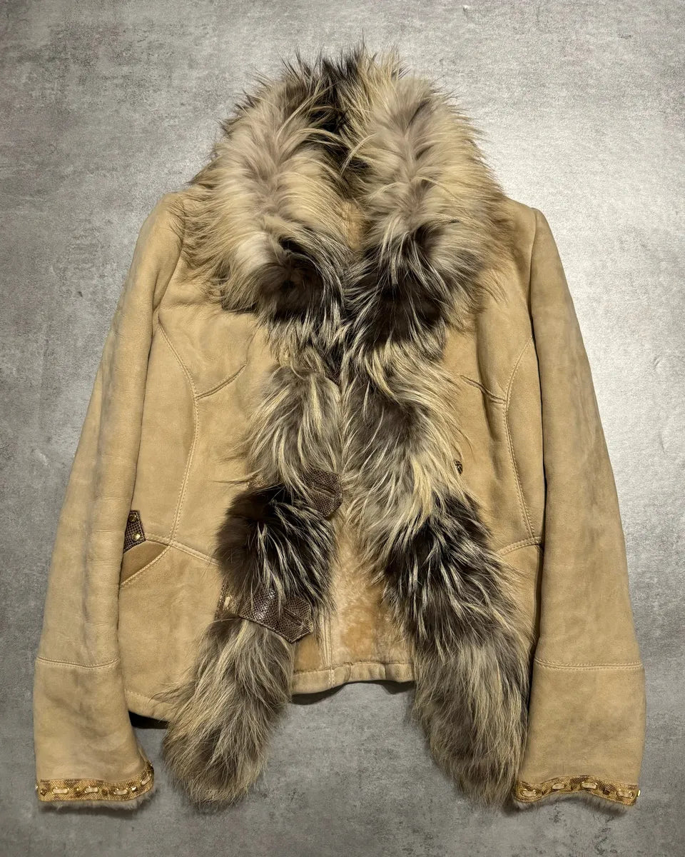 FW2006 Roberto Cavalli Beige Fur & Silk Leather Creamy Royal Jacket (S) 8