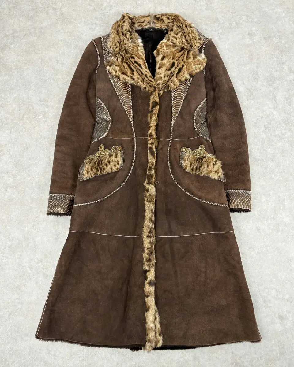 FW2006 Roberto Cavalli Long Hybrid Brown Fur Python Leather Jacket mUUkXTx 0