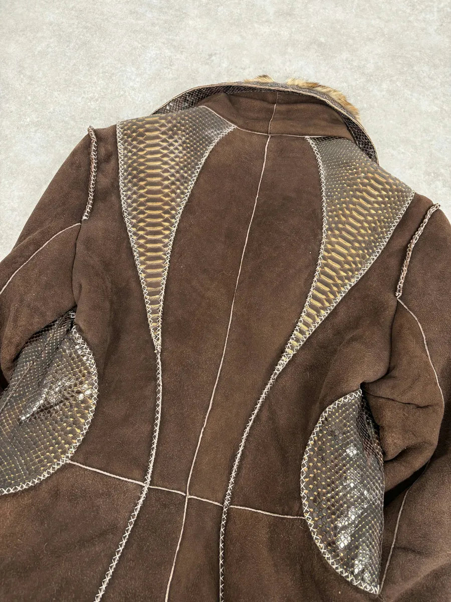 FW2006 Roberto Cavalli Long Hybrid Brown Fur Python Leather Jacket mUUkXTx 5