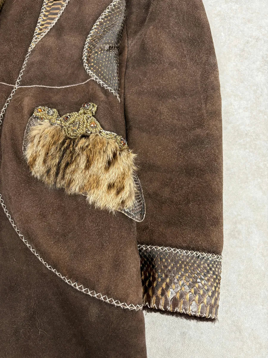 FW2006 Roberto Cavalli Long Hybrid Brown Fur Python Leather Jacket mUUkXTx 7