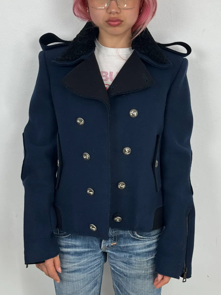 FW2007 Balenciaga Navy Wool Shearling Peacoat Jacket AkedAtj 1