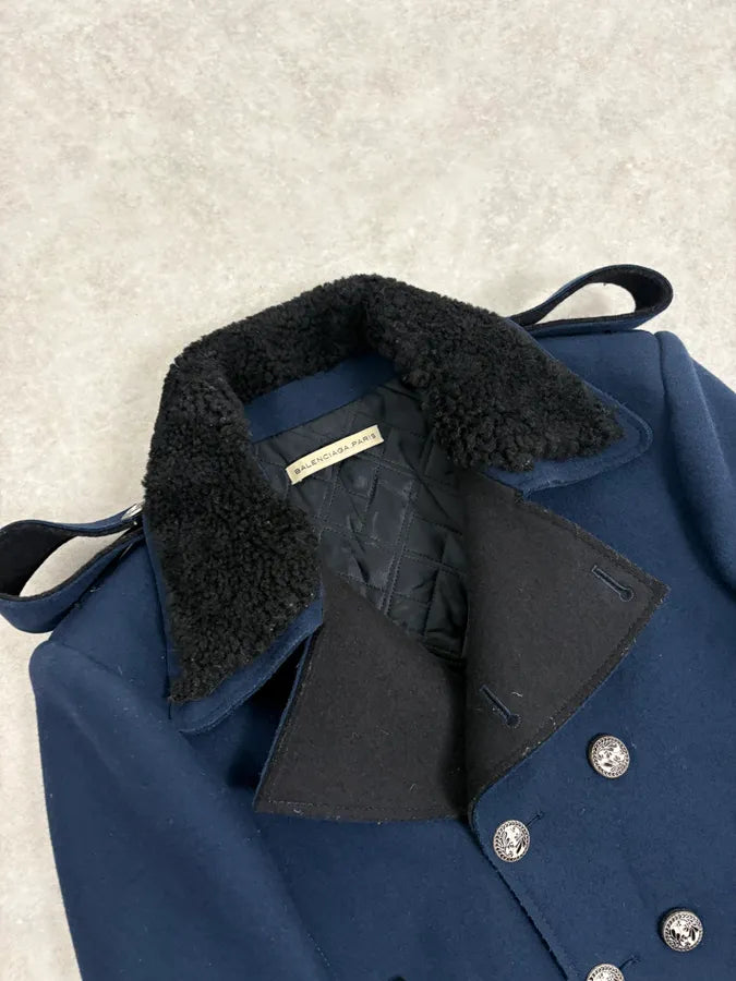 FW2007 Balenciaga Navy Wool Shearling Peacoat Jacket AkedAtj 4
