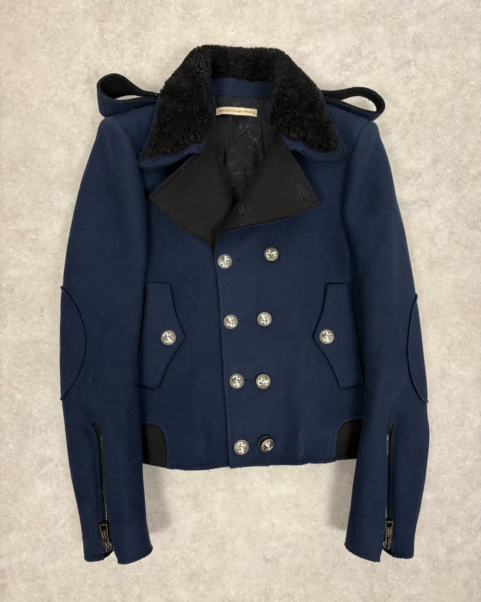 FW2007 Balenciaga Navy Wool Shearling Peacoat Jacket AkedAtj 0