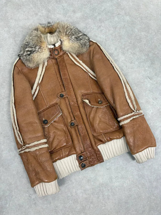 FW2007 Cavalli Brown Fur Aviator Leather Jacket hoxLGIk 3