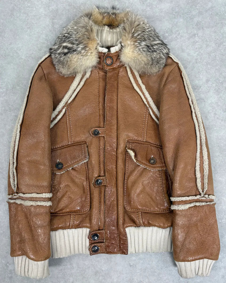 FW2007 Cavalli Brown Fur Aviator Leather Jacket hoxLGIk 0