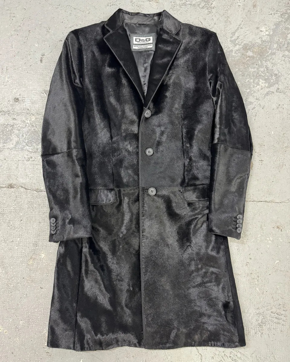 FW2007 Dolce & Gabbana Black Pony Hair Long Trench Coat Jacket (M) 0