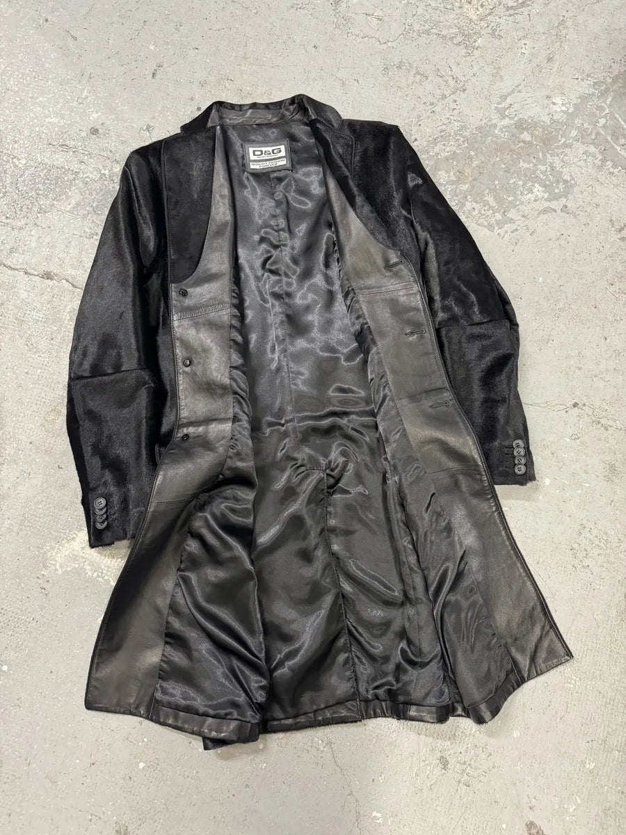 FW2007 Dolce & Gabbana Black Pony Hair Long Trench Coat Jacket (M) 3
