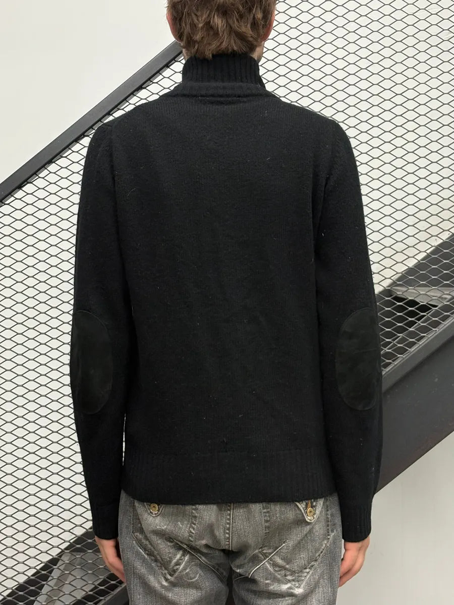 FW2007 Prada Black Elbow Patch Wool Zip-Up Sweater QOUtgcu 2