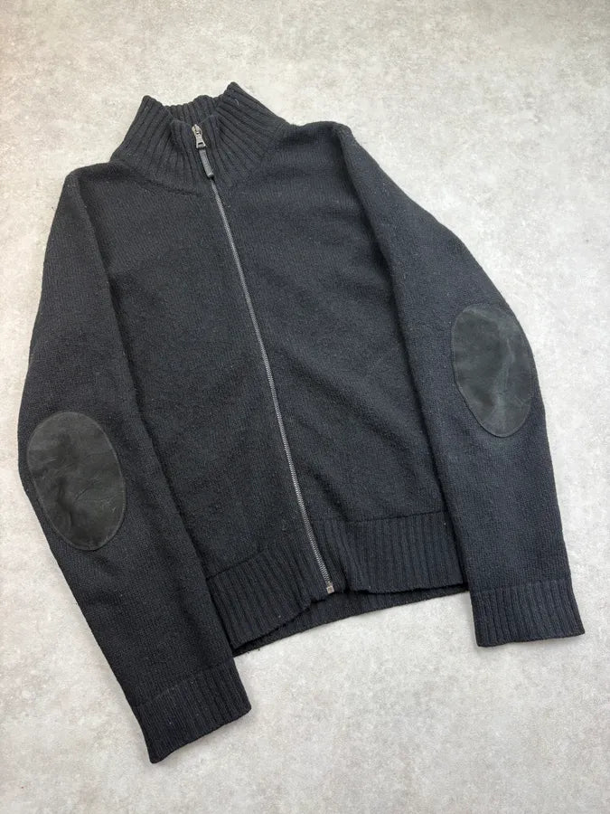 FW2007 Prada Black Elbow Patch Wool Zip-Up Sweater QOUtgcu 3