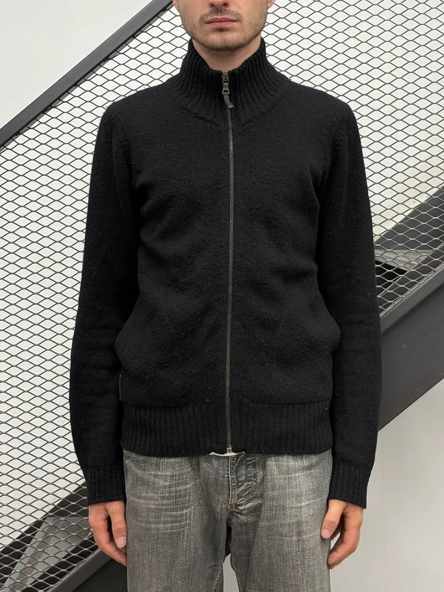 FW2007 Prada Black Elbow Patch Wool Zip-Up Sweater QOUtgcu 1