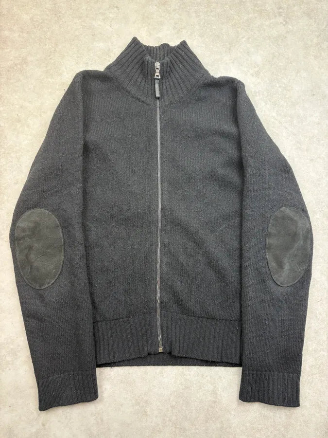 FW2007 Prada Black Elbow Patch Wool Zip-Up Sweater QOUtgcu 0