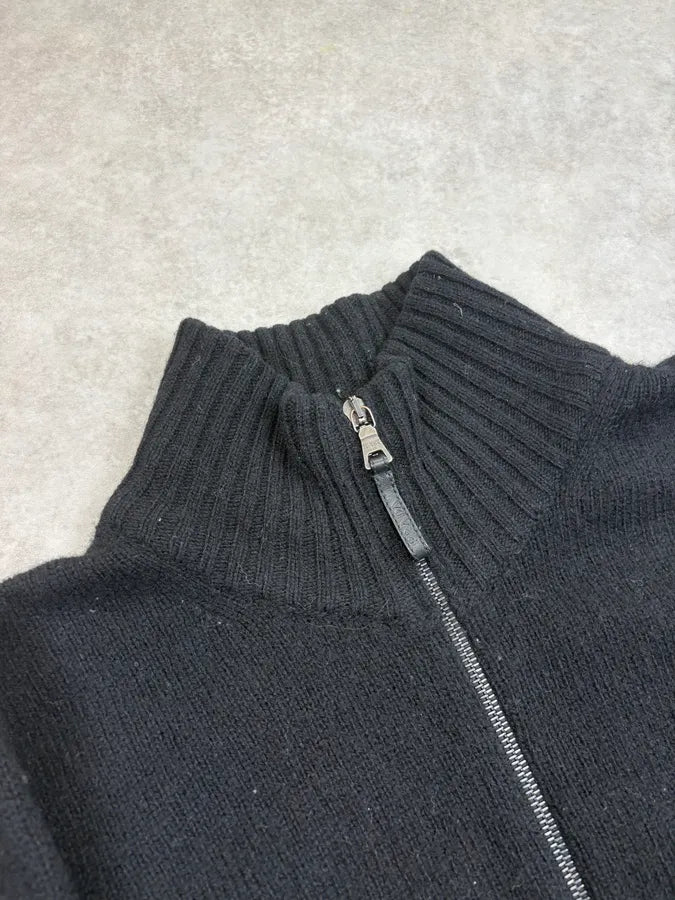 FW2007 Prada Black Elbow Patch Wool Zip-Up Sweater QOUtgcu 4